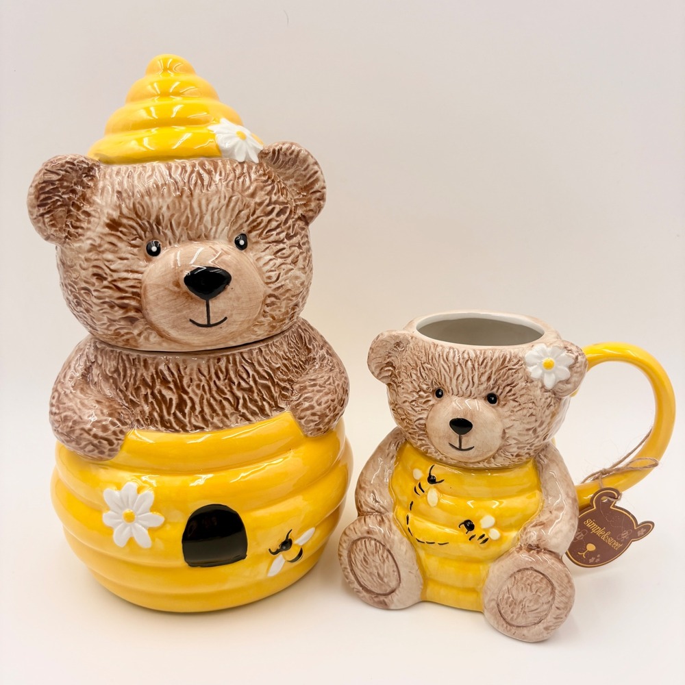 Simple & Sweet Ceramic Bear Beehive Cookie Jar Canister and Matching Mug Set